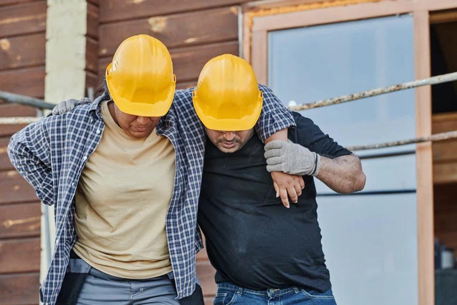 Two construction workers in hard hats assisting each other at a building site, highlighting teamwork.
