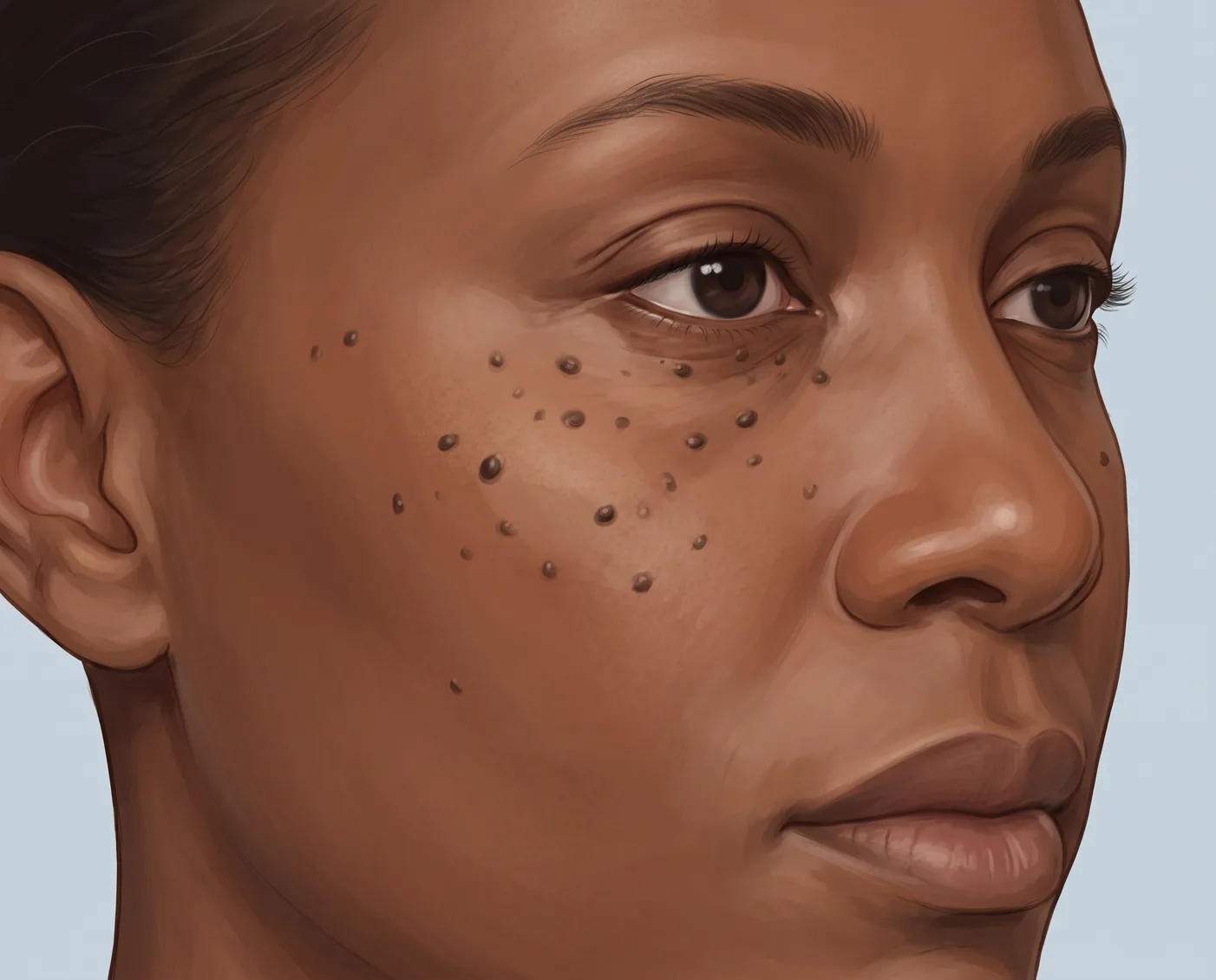 Illustration of dermatosis papulosa nigra: small dark raised spots on the upper cheek of deep brown skin