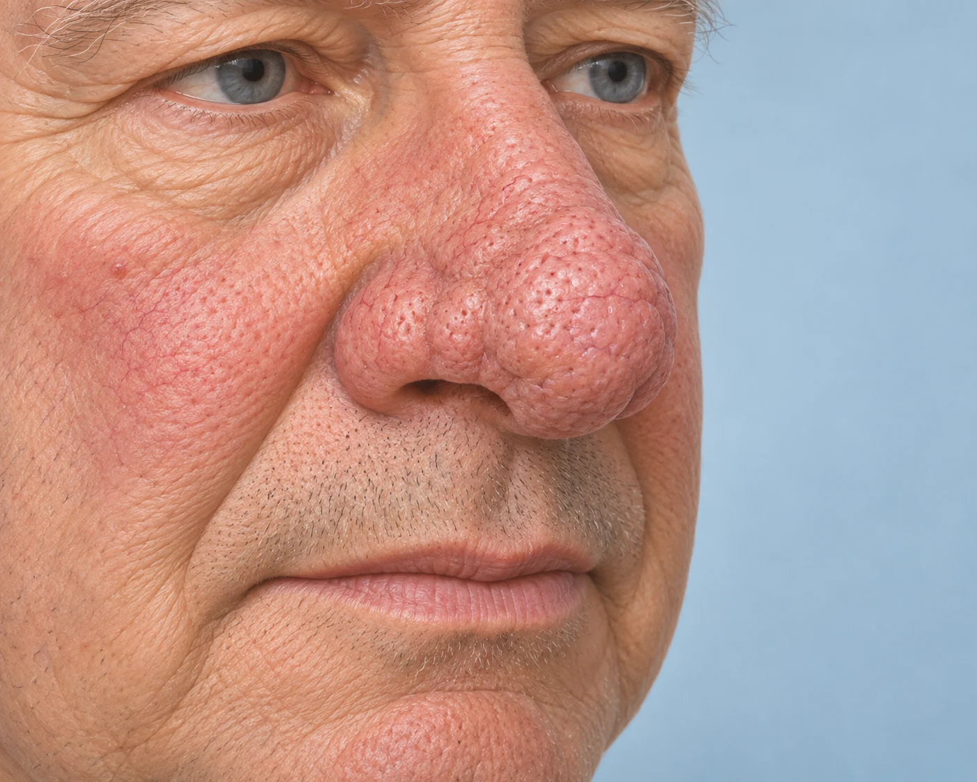 Illustration of rhinophyma showing thickened nasal skin, enlarged pores, and an uneven, bulbous nasal tip