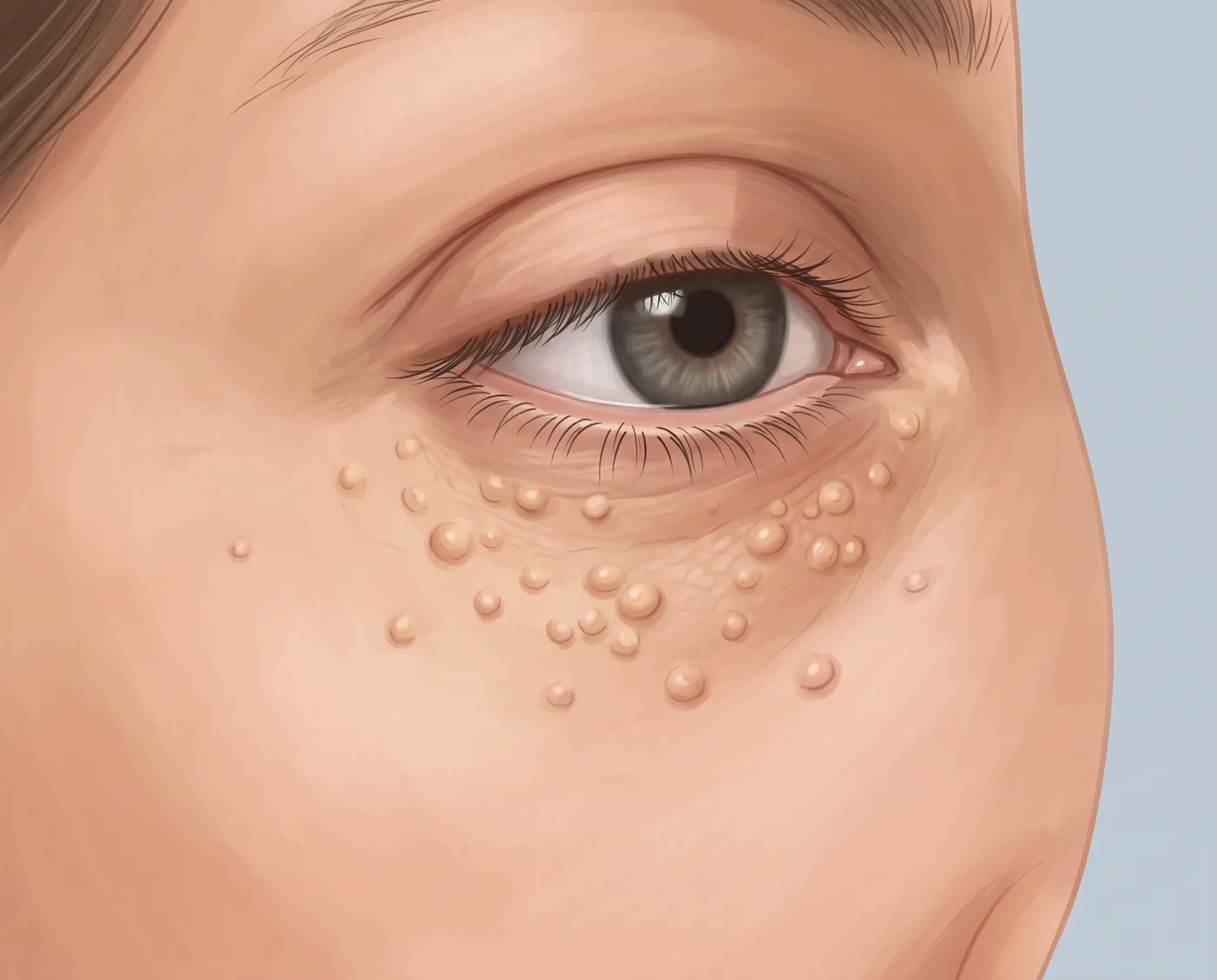Illustration of syringomas: small skin-colored bumps clustered on the lower eyelid and upper cheek